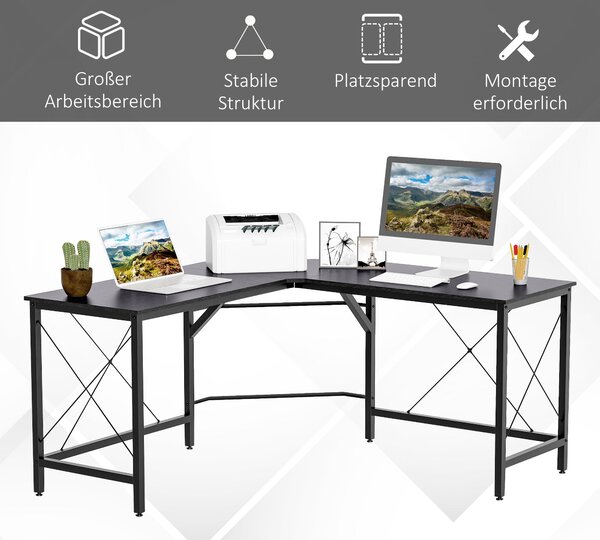 HOMCOM Počítačový Stolek Rohový Stolek L-Shape MDF Černý 150 x 150 x 76 cm | Aosom