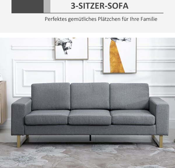 HOMCOM Třísedadlová pohovka - Textilní pohovka se třemi polštáři a opěrkami, vzhled lnu, pro ložnici 200 x 82 x 78 cm Tmavě šedá | Aosom