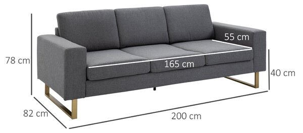 HOMCOM Třísedadlová pohovka - Textilní pohovka se třemi polštáři a opěrkami, vzhled lnu, pro ložnici 200 x 82 x 78 cm Tmavě šedá | Aosom
