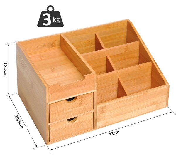 HOMCOM Organizér na stůl s úložným boxem 2 zásuvky Přírodní L33 x Š20.5 x V15.5 cm | Aosom