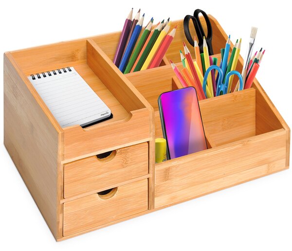 HOMCOM Organizér na stůl s úložným boxem 2 zásuvky Přírodní L33 x Š20.5 x V15.5 cm | Aosom