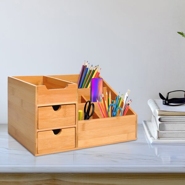 HOMCOM Organizér na stůl s úložným boxem 2 zásuvky Přírodní L33 x Š20.5 x V15.5 cm | Aosom