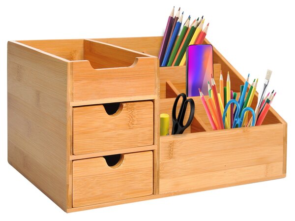 HOMCOM Organizér na stůl s úložným boxem 2 zásuvky Přírodní L33 x Š20.5 x V15.5 cm | Aosom