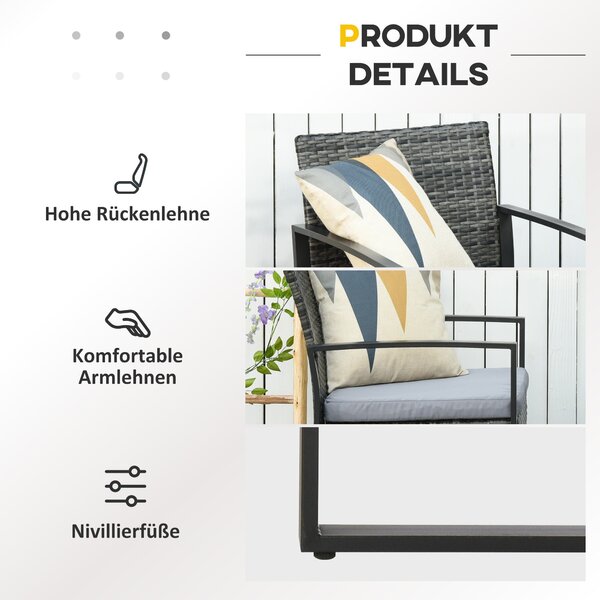 Outsunny Sada zahradního nábytku z polyratanu, venkovní nábytek na balkon pro 2 osoby, 3-dílná sedací skupina se 2 židlemi, stolem a poduškami, odolný