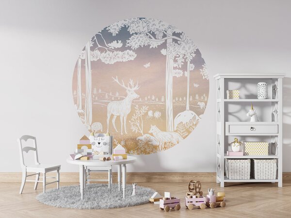 FUGU Kruhová tapeta Lesní zvířata růžová obloha – Monochrome Forest Pink Sky Rozměr: kruh 40 cm