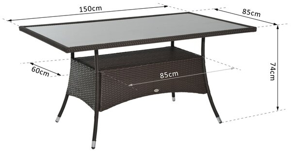 Outsunny Zahradní Stůl Skleněný Jídelní Stůl Zahradní Nábytek, Ratan + Bezpečnostní Sklo, Hnědá + Černá, 150x85x74cm | Aosom