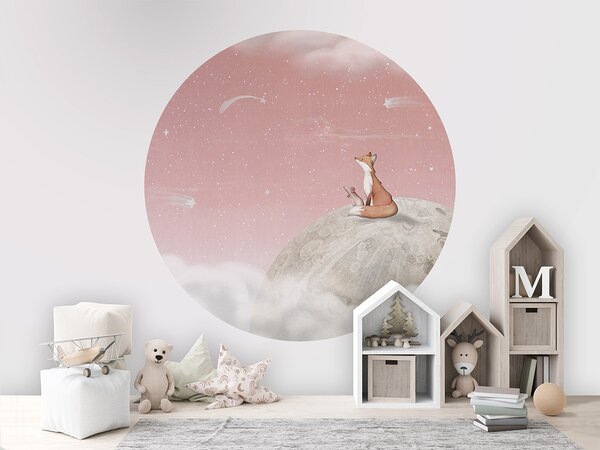 FUGU Kruhová tapeta Kouzelná noc na měsíci – Fox on the Moon Pink Rozměr: kruh 40 cm