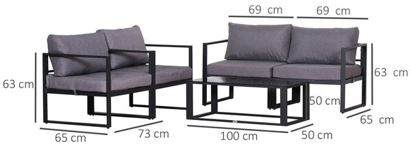 Outsunny Sada čtyřdílného zahradního nábytku, jídelní skupina, pohovka s polstry, stůl se storage, polyester, šedá, 138 x 69 x 63 cm | Aosom