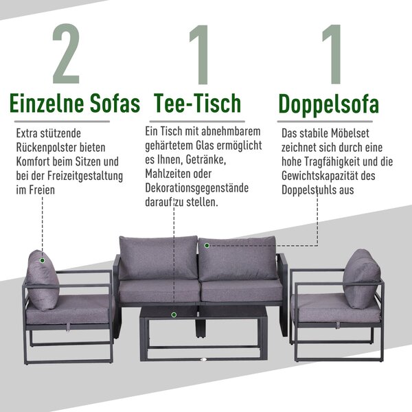Outsunny Sada čtyřdílného zahradního nábytku, jídelní skupina, pohovka s polstry, stůl se storage, polyester, šedá, 138 x 69 x 63 cm | Aosom
