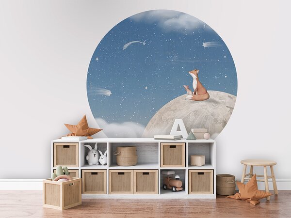 FUGU Kruhová tapeta Noční obloha s liškou – Fox on the Moon Blue Rozměr: kruh 40 cm