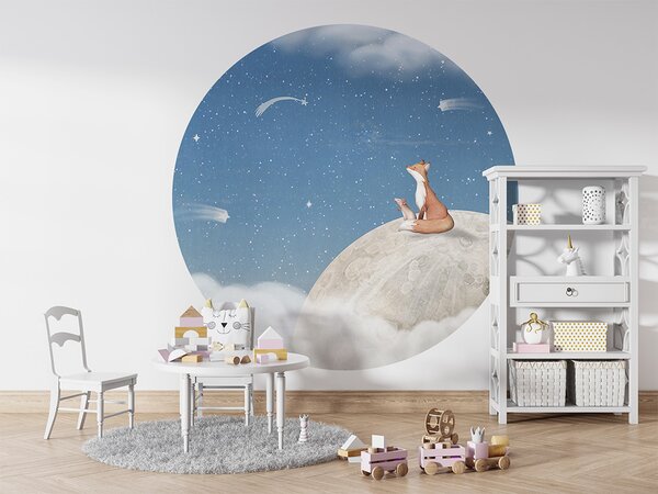 FUGU Kruhová tapeta Noční obloha s liškou – Fox on the Moon Blue Rozměr: kruh 40 cm