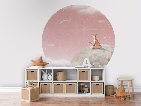 FUGU Kruhová tapeta Kouzelná noc na měsíci – Fox on the Moon Pink Rozměr: kruh 40 cm