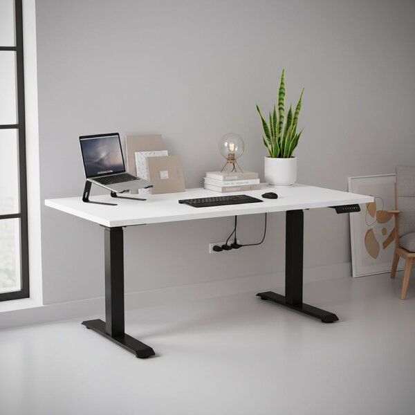 Výškově nastavitelný stůl OfficeTech C, 140 x 80 cm, černá podnož, bílá
