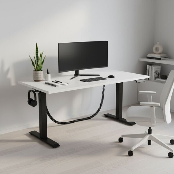Výškově nastavitelný stůl OfficeTech C, 160 x 80 cm, černá podnož, bílá