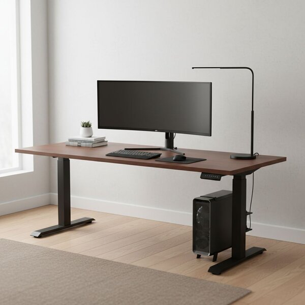 Výškově nastavitelný stůl OfficeTech C, 200 x 80 cm, černá podnož, ořech