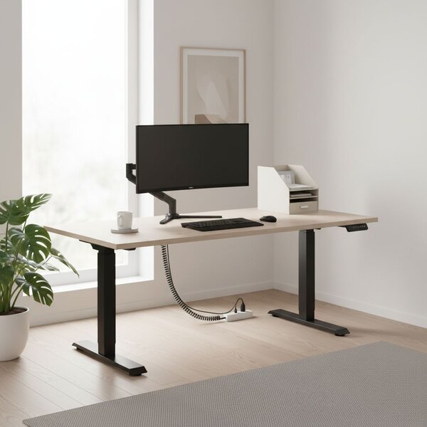 Výškově nastavitelný stůl OfficeTech C, 180 x 80 cm, černá podnož, dub