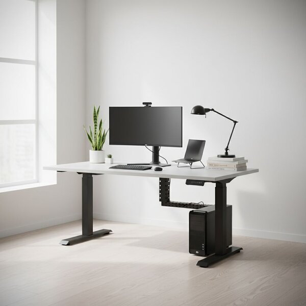 Výškově nastavitelný stůl OfficeTech C, 160 x 80 cm, černá podnož, světle šedá