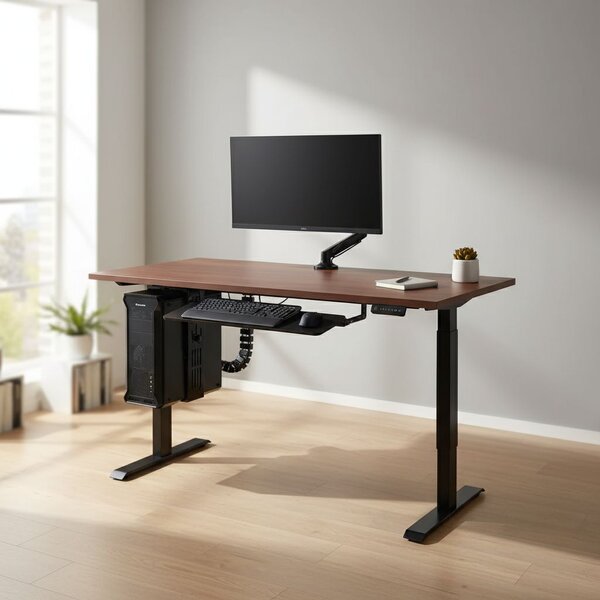 Výškově nastavitelný stůl OfficeTech C, 120 x 80 cm, černá podnož, ořech