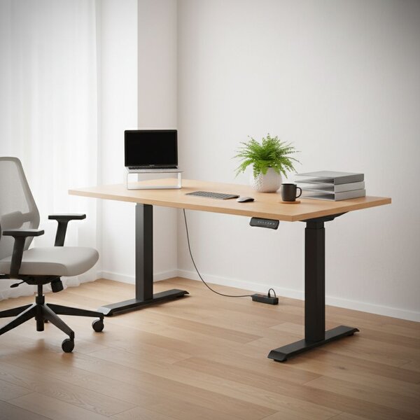 Výškově nastavitelný stůl OfficeTech C, 120 x 80 cm, černá podnož, buk