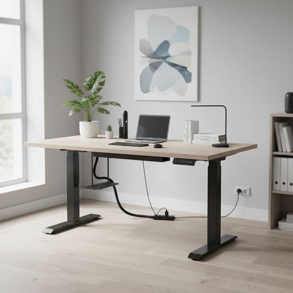 Výškově nastavitelný stůl OfficeTech C, 120 x 80 cm, černá podnož, dub