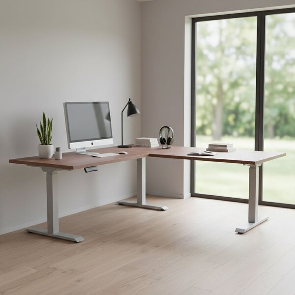 Výškově nastavitelný stůl OfficeTech Angle, 180 x 200 cm, šedá podnož, ořech