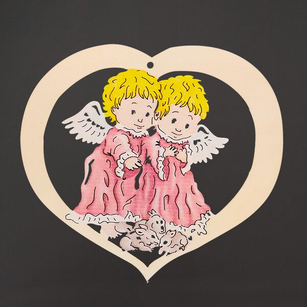 AMADEA Dřevěná dekorace srdce andělé, barevná dekorace k zavěšení, velikost 13 cm