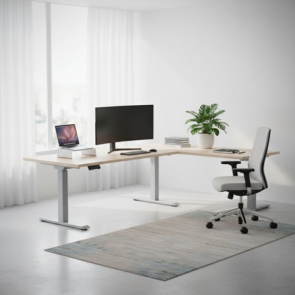 Výškově nastavitelný stůl OfficeTech Angle, 180 x 200 cm, šedá podnož, dub