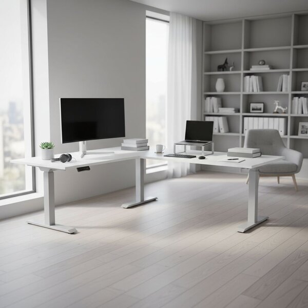 Výškově nastavitelný stůl OfficeTech Angle, 180 x 200 cm, šedá podnož, světle šedá