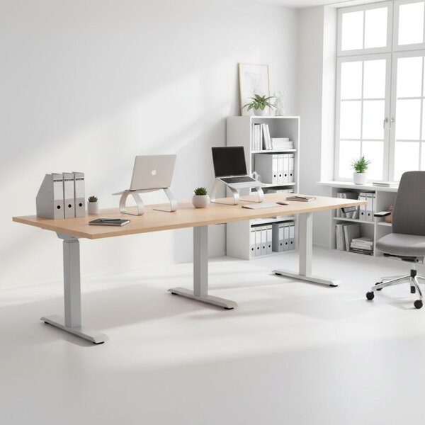 Výškově nastavitelný stůl OfficeTech Long, 240 x 80 cm, šedá podnož, buk
