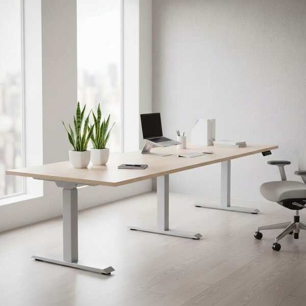 Výškově nastavitelný stůl OfficeTech Long, 260 x 80 cm, šedá podnož, dub