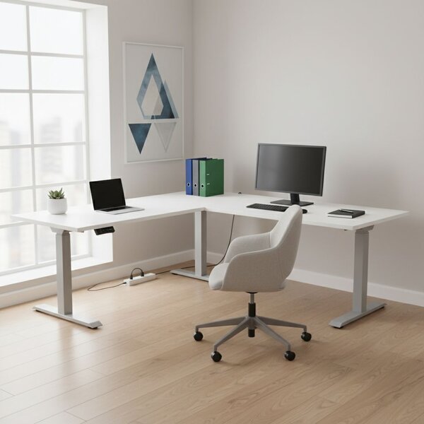 Výškově nastavitelný stůl OfficeTech Angle, 180 x 200 cm, šedá podnož, bílá