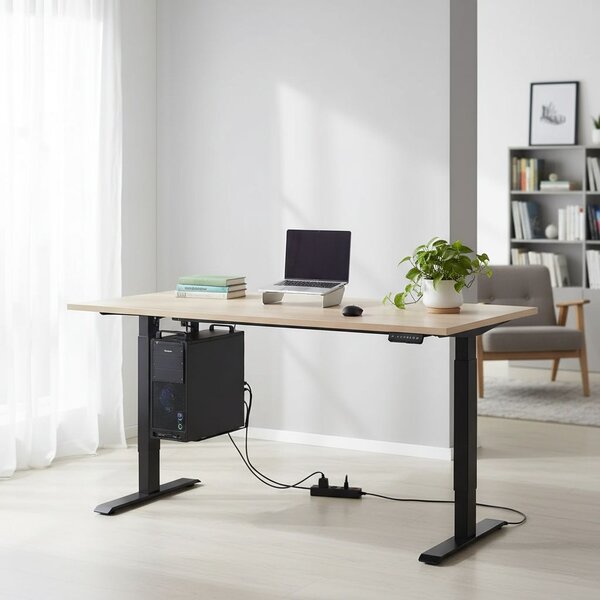 Výškově nastavitelný stůl OfficeTech C, 200 x 80 cm, černá podnož, dub