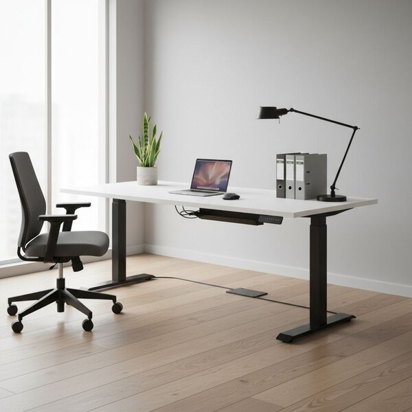 Výškově nastavitelný stůl OfficeTech C, 200 x 80 cm, černá podnož, bílá