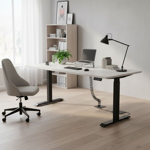 Výškově nastavitelný stůl OfficeTech C, 200 x 80 cm, černá podnož, bílý jasan