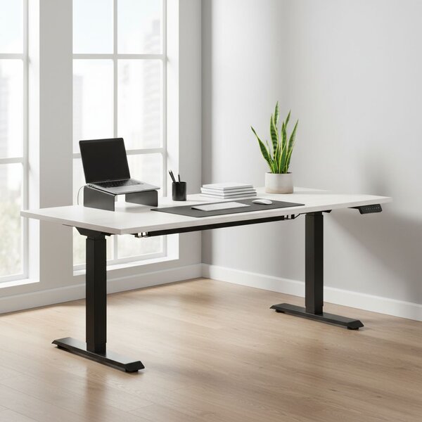 Výškově nastavitelný stůl OfficeTech C, 180 x 80 cm, černá podnož, bílý jasan