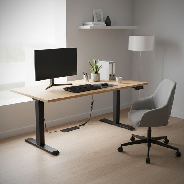 Výškově nastavitelný stůl OfficeTech C, 160 x 80 cm, černá podnož, dub kamenný