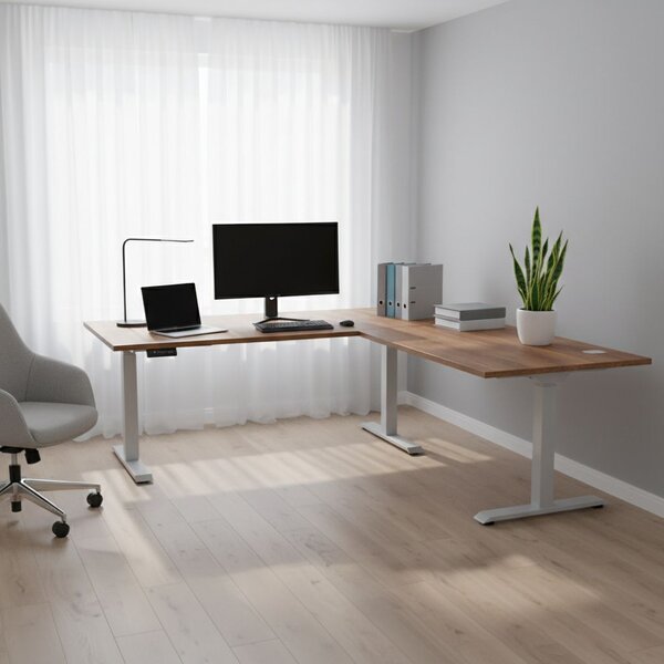 Výškově nastavitelný stůl OfficeTech Angle, 180 x 200 cm, šedá podnož, dub silverjack