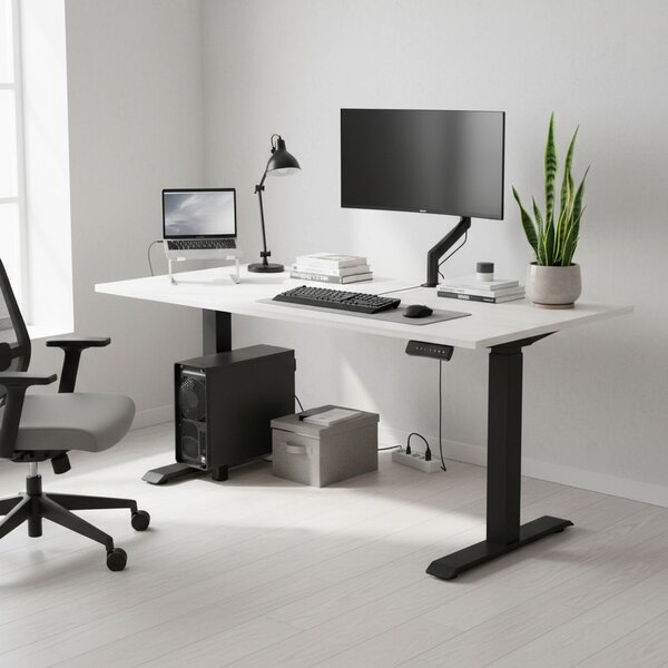 Výškově nastavitelný stůl OfficeTech C, 120 x 80 cm, černá podnož, bílý jasan