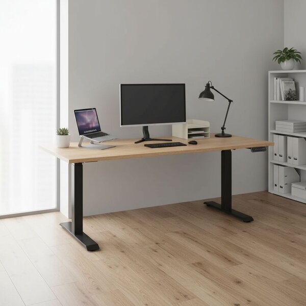 Výškově nastavitelný stůl OfficeTech C, 180 x 80 cm, černá podnož, dub kamenný