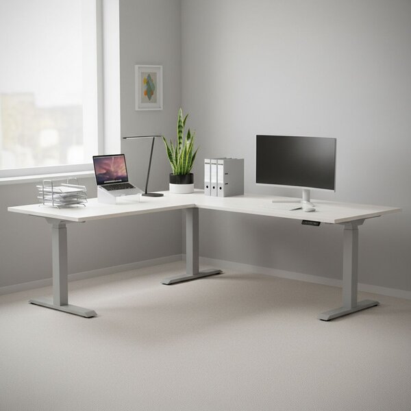 Výškově nastavitelný stůl OfficeTech Angle, 180 x 200 cm, šedá podnož, bílý jasan