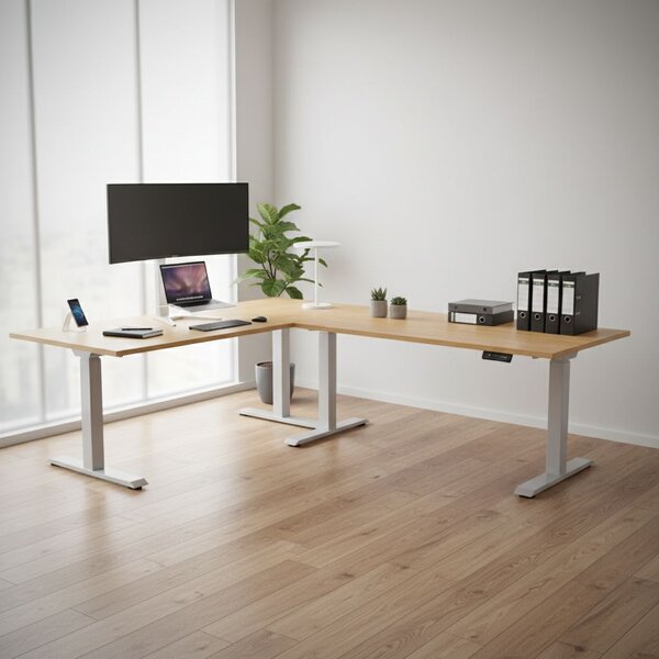 Výškově nastavitelný stůl OfficeTech Angle, 180 x 200 cm, šedá podnož, dub kamenný