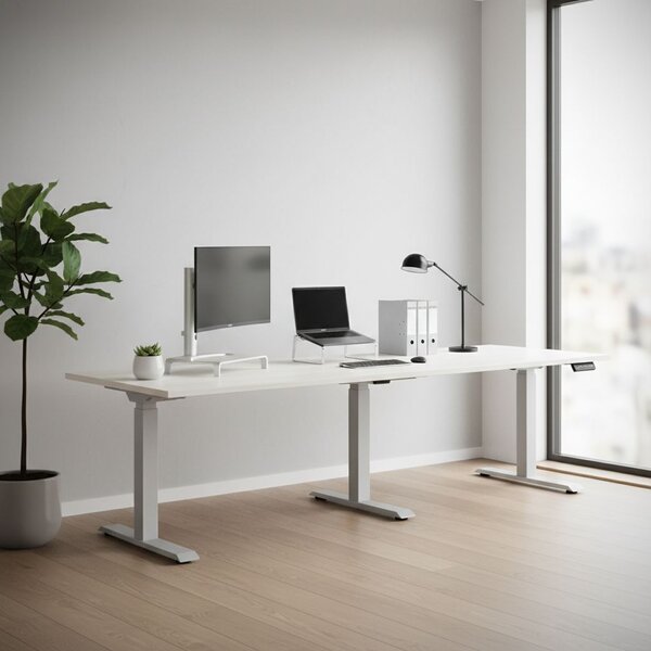 Výškově nastavitelný stůl OfficeTech Long, 260 x 80 cm, šedá podnož, bílý jasan