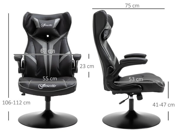 Ergonomická herní židle Vinsetto s funkcí houpání, otočná židle, nastavitelná výška, ocelová, černá + šedá, 67 x 70 x 106-112 cm | Aosom