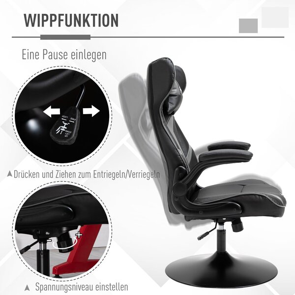 Ergonomická herní židle Vinsetto s funkcí houpání, otočná židle, nastavitelná výška, ocelová, černá + šedá, 67 x 70 x 106-112 cm | Aosom