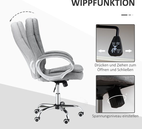 Vinsetto Kancelářská Židle Pracovní Židle Stolicová Židle Otočná Židle 360° Ergonomická Houpací Funkce Výškově Nastavitelná Šedá Látka 64 x 75 x 111-1