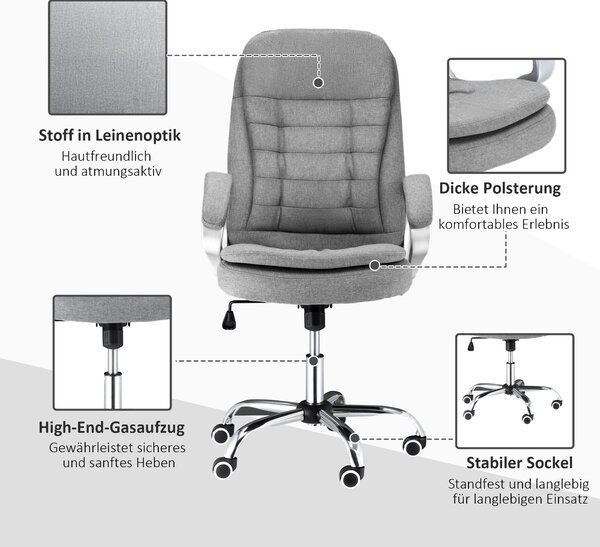 Vinsetto Kancelářská Židle Pracovní Židle Stolicová Židle Otočná Židle 360° Ergonomická Houpací Funkce Výškově Nastavitelná Šedá Látka 64 x 75 x 111-1