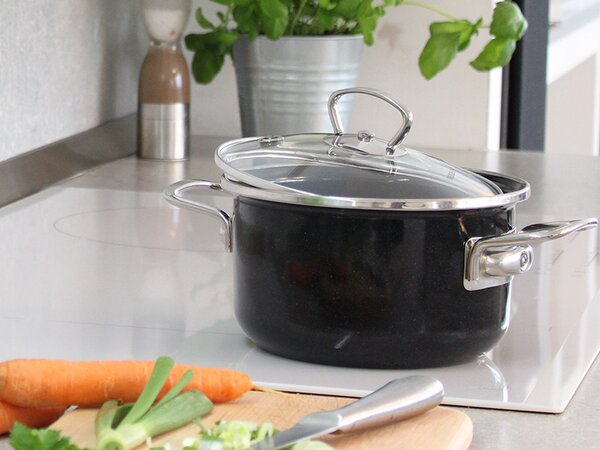 BELIS Smaltovaný hrnec se skl. poklicí PREMIUM černý 16 cm/1,5l