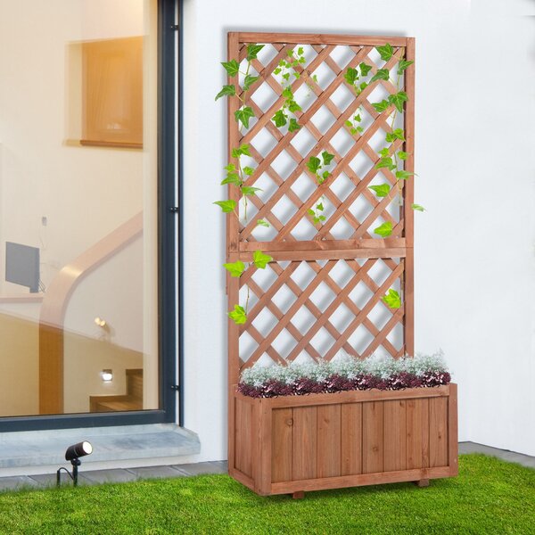 Outsunny Zahradní Vyvýšený Květinový Záhon s Trellis, Dřevěná Kvetinová Bednička, 72,5x31,5x149,5cm pro Zahradu, Balkon, Terasu, Ideální pro Popínavé
