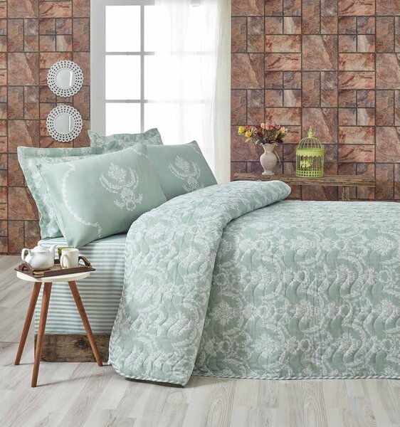 Set prošívaného přehozu a 2 povlaků na polštáře Mijolnir Pure Water Green, 200 x 220 cm