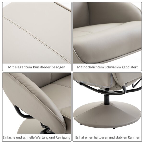 HOMCOM Recliner se stolkem na nohy, 360° otočné TV křeslo s funkcí polohování, umělá kůže, čtecí křeslo do obývacího pokoje, ložnice, šedé | Aosom